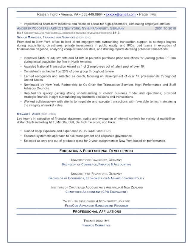 Chief Financial Officer Resume Sample – Senior Finance Professional Page 2
