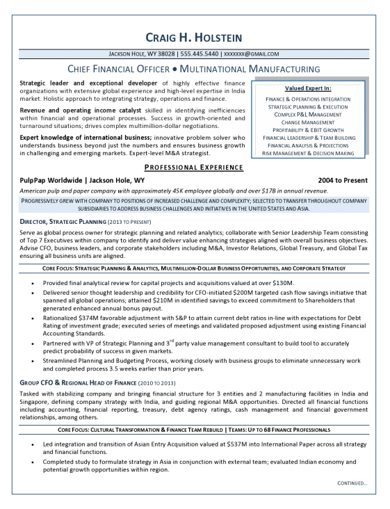 CFO Manufacturing Resume Sample