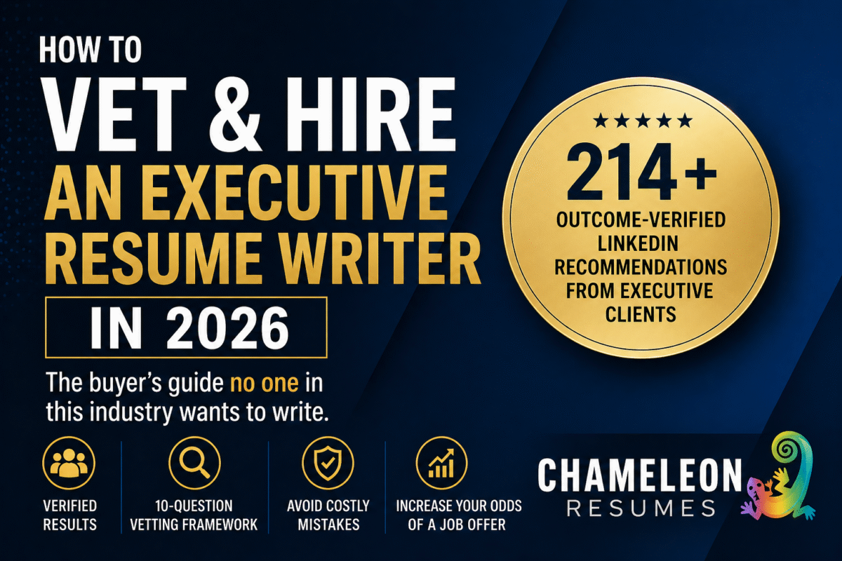 Executive resume writer guide 2026 thumbnail with Chameleon Resumes branding, highlighting 214+ verified LinkedIn client recommendations