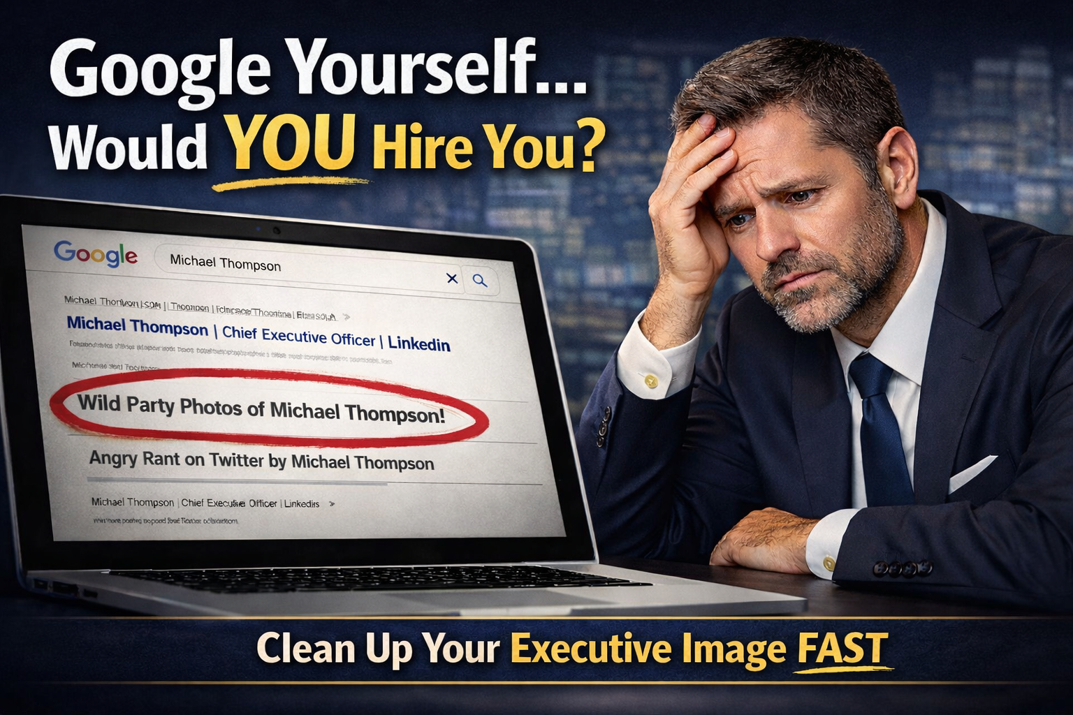 Senior executive reviewing negative Google search results on laptop, highlighting the importance of cleaning up your online professional image for job search success