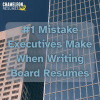 Executive board role resume mistake concept with corporate building background and text highlighting common error executives make when writing board resumes