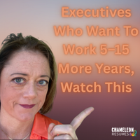 Executive woman pointing toward text about working 5–15 more years, highlighting long-term executive career planning and employability