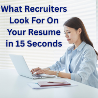 Woman typing on a laptop with text overlay that reads ‘What Recruiters Look For On Your Resume in 15 Seconds’.