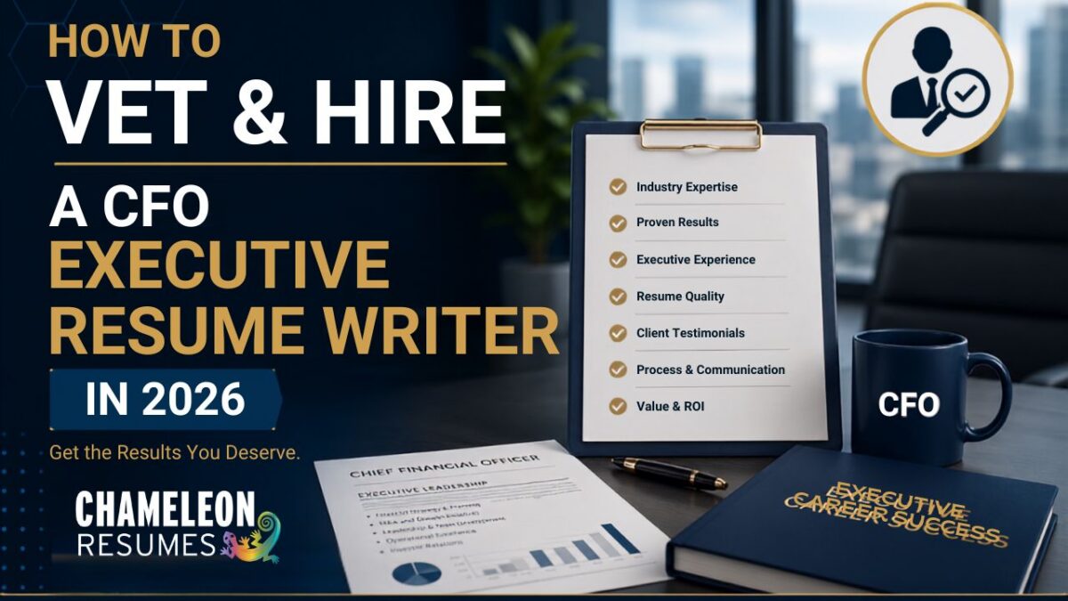 Professional thumbnail for a guide explaining how to vet and hire a CFO executive resume writer in 2026 with executive hiring checklist.