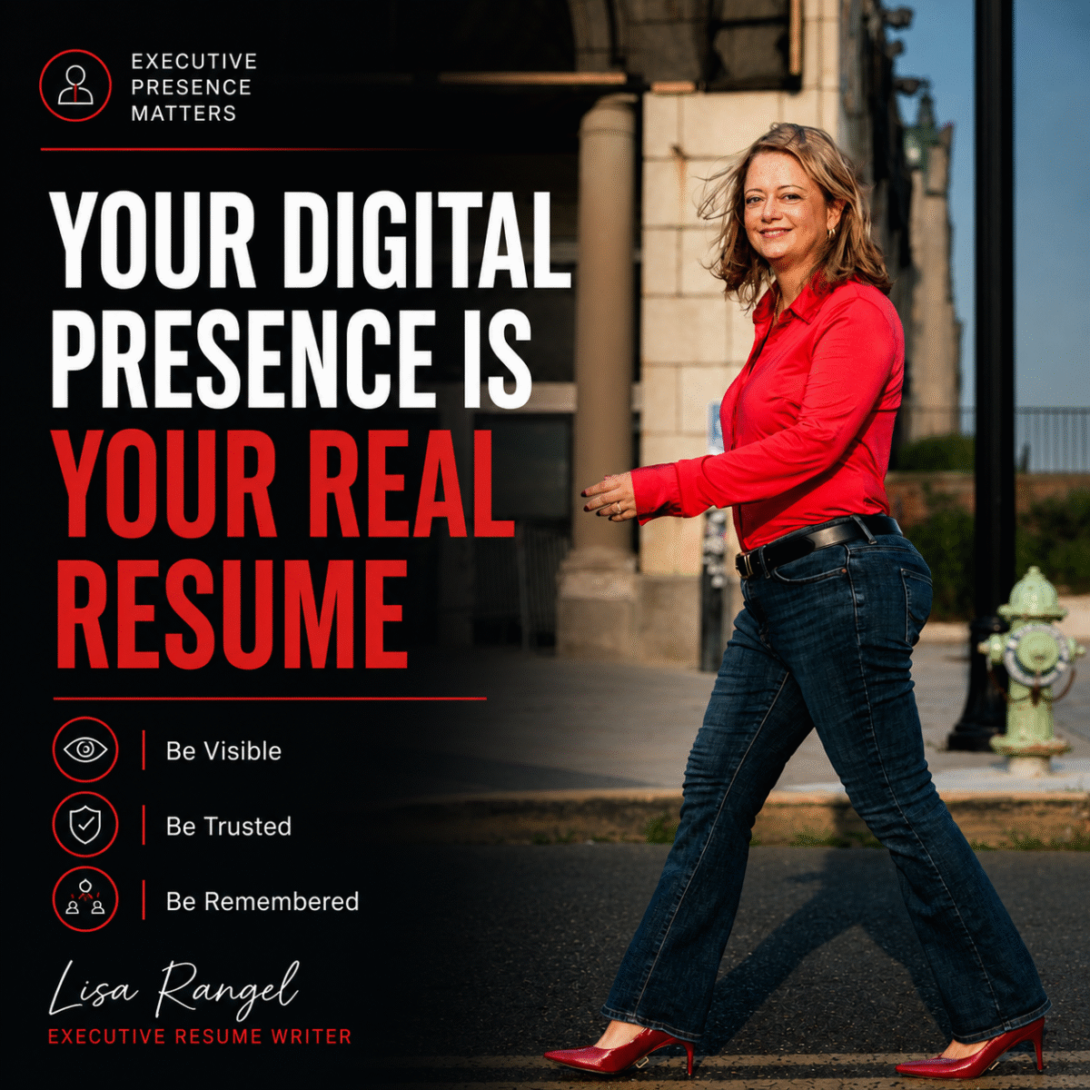Confident executive woman in a red blouse and heels walking across a city street, representing leadership, visibility, and modern executive presence