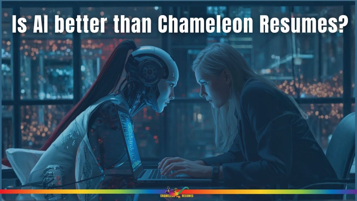 AI robot and executive resume writer facing off at a laptop, illustrating Is AI better than Chameleon Resumes